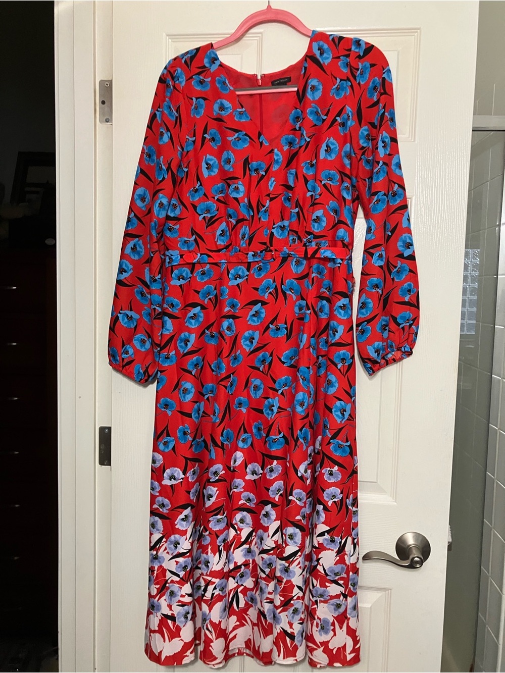 Ann Taylor Red Maxi Dress with Blue Floral Pattern